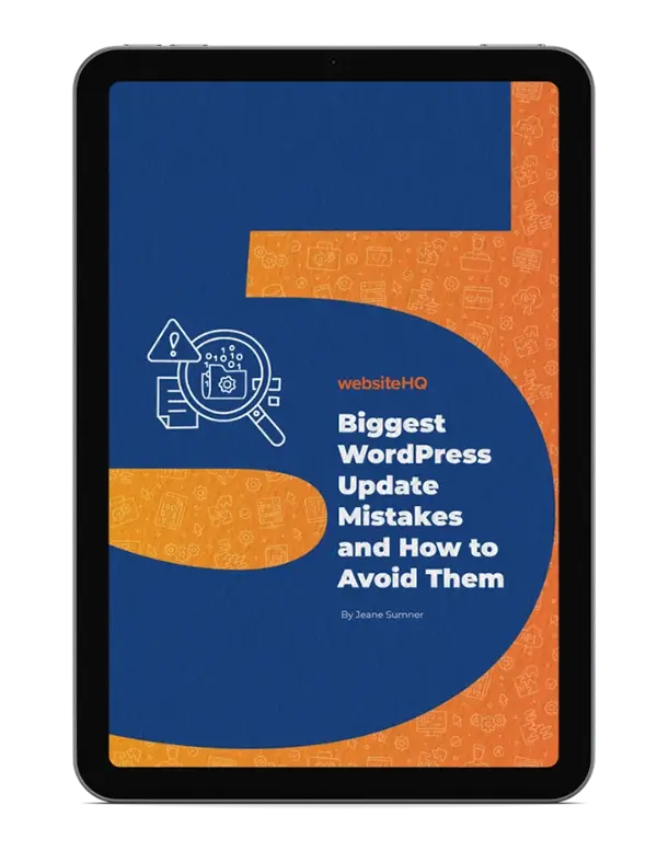 Mockup of the 5 Biggest WordPress Update Mistakes ebook on an iPad