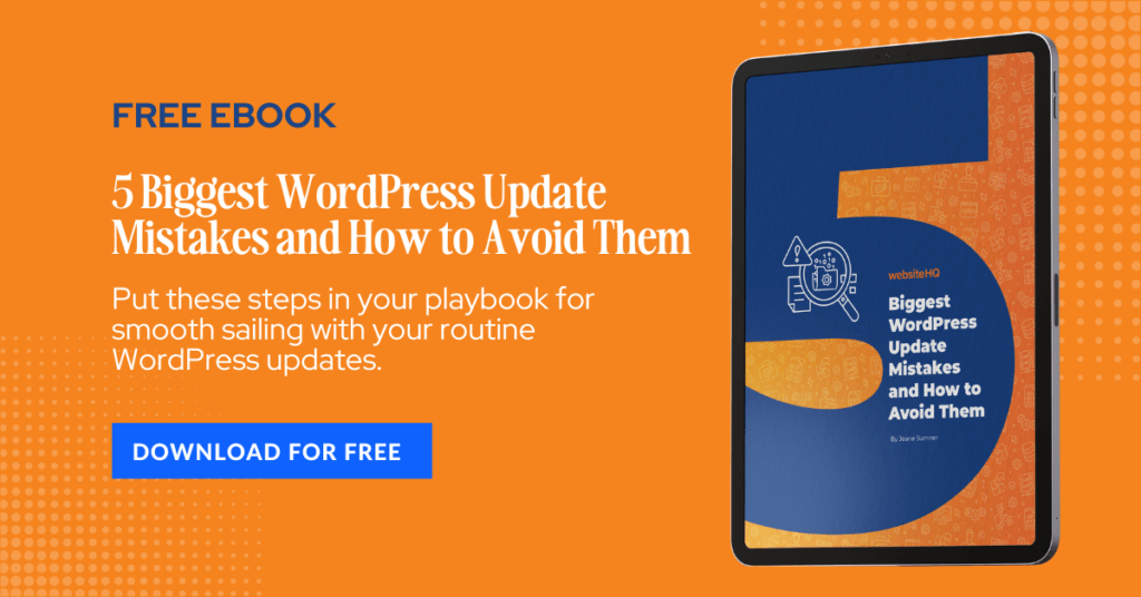 Free eBook: 5 Biggest WordPress Mistakes and How to Avoid them. Graphic includes the cover of the ebook on an iPad and a button to download your free copy