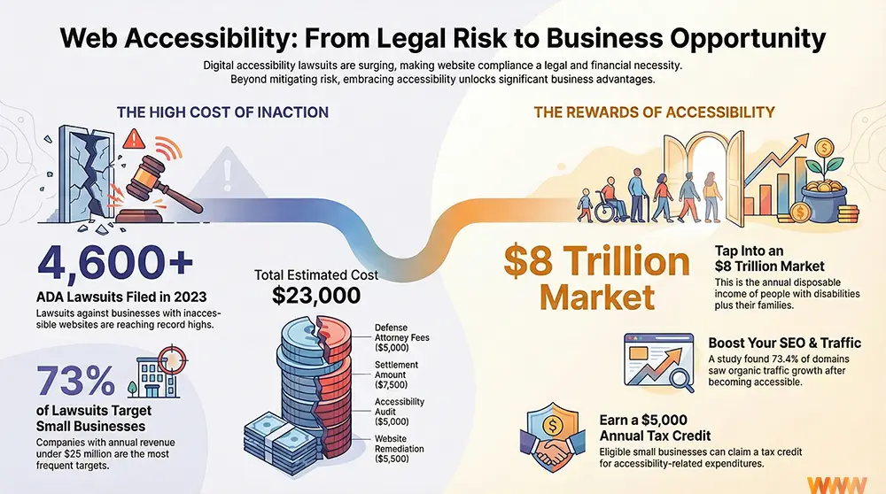 Web Accessibility: From Legal Risk to Opportunity Infographic showing the risks vs. rewards of having an ADA Compliant website
