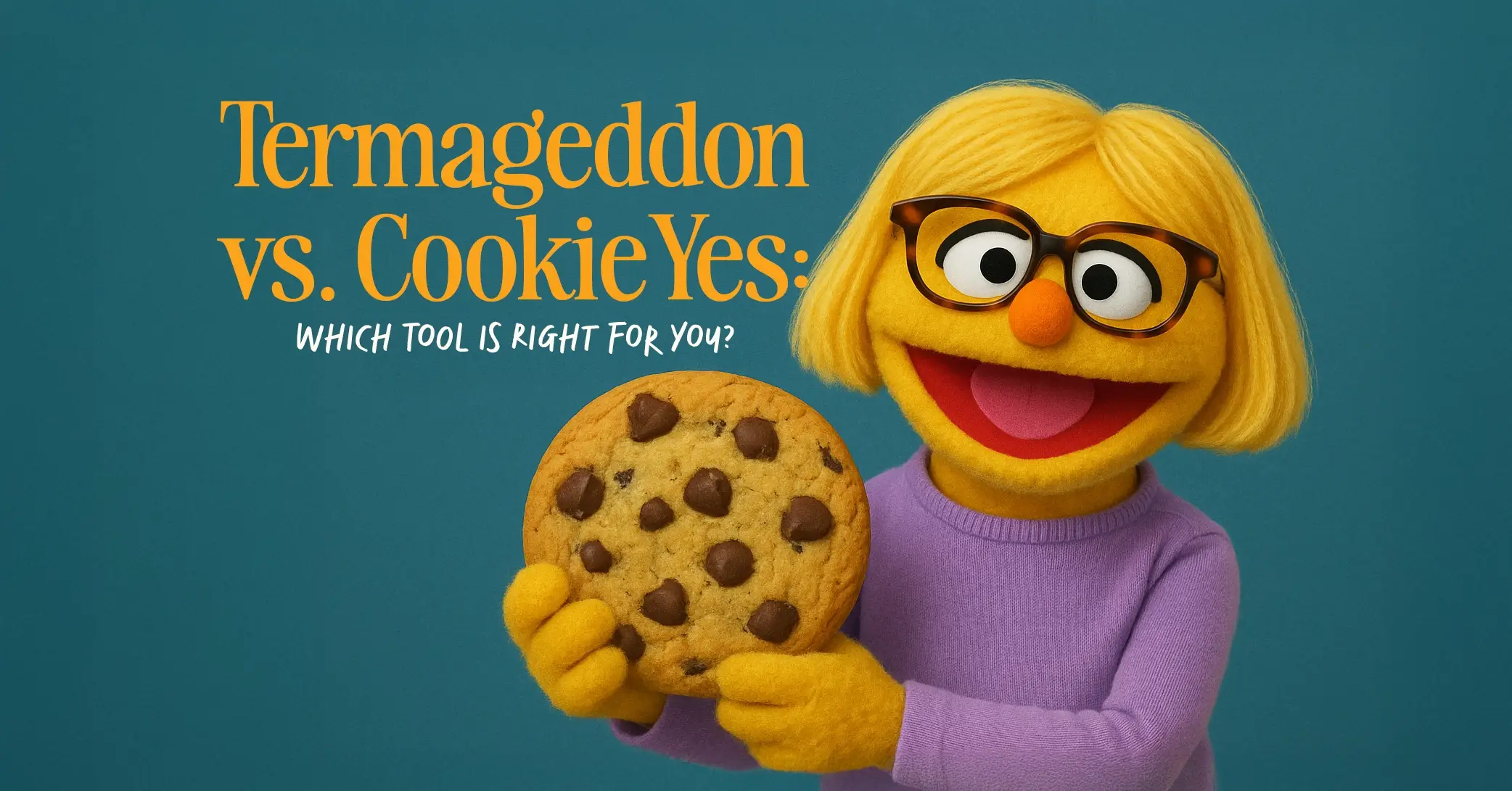Woman character with glasses holding a cookie. text on graphic reads Termageddon vs CookieYes: Which Tool is Right for You?