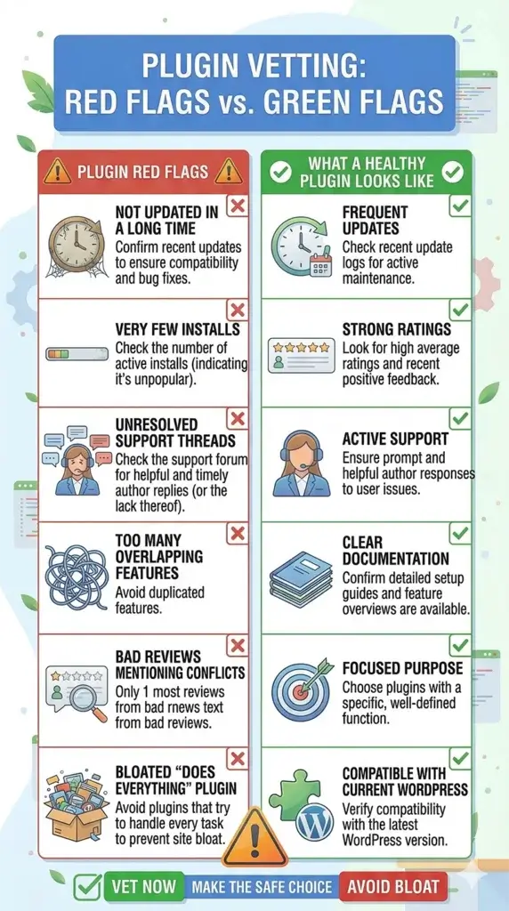 Infographic showing Red and Green Flags when choosing plugins