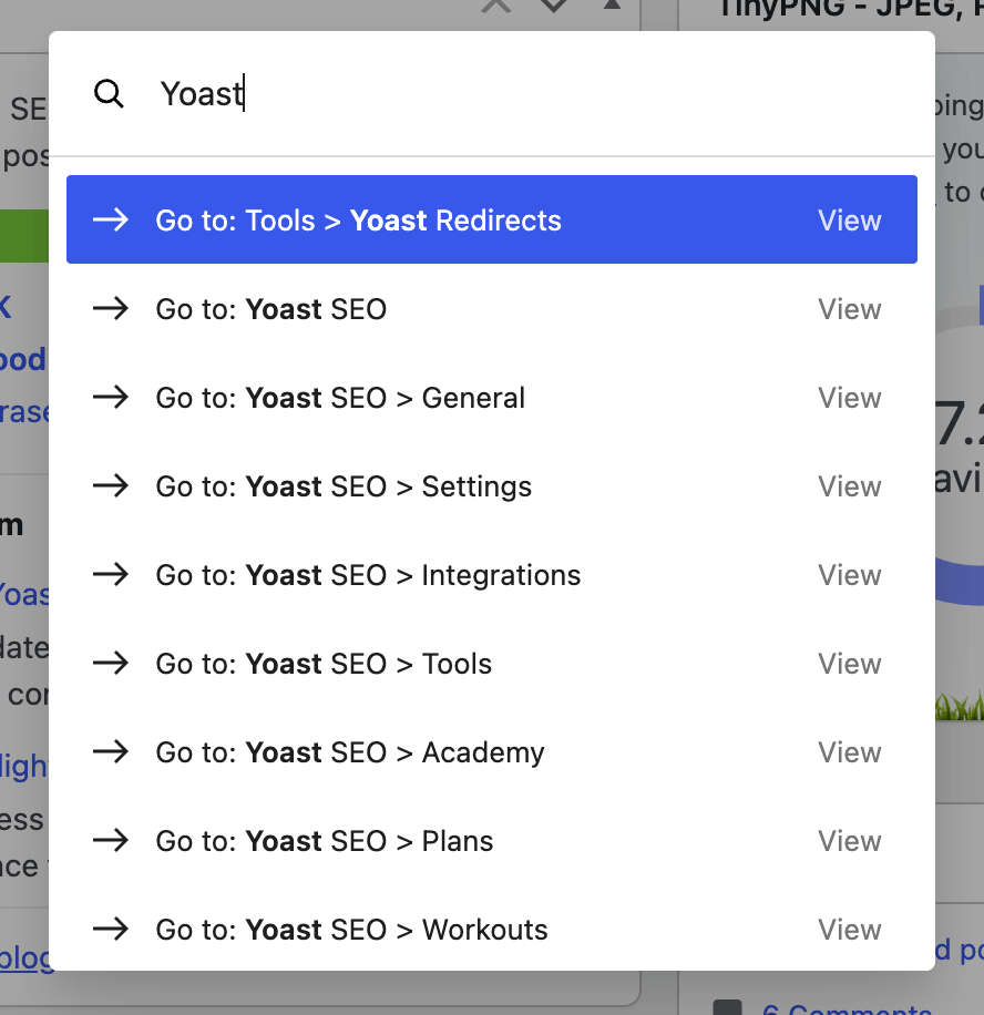 Screenshot of the Cmd+K palette searching for Yoast