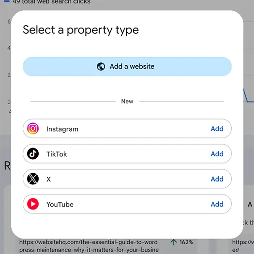 Screenshot of the property type selection in Google Search Console. 