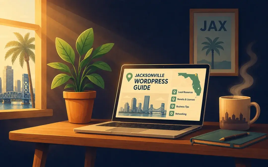 illustration of a desk with an open laptop overlooking downtown Jacksonville, FL