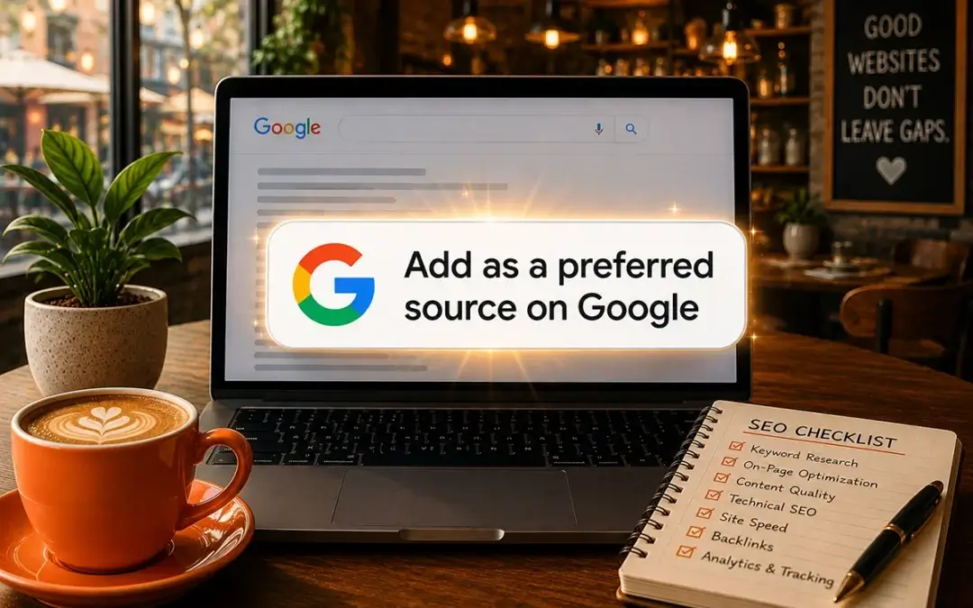Illustration of a laptop in a cafe hovering over the screen is "Add as a preferred source on Google" badge.