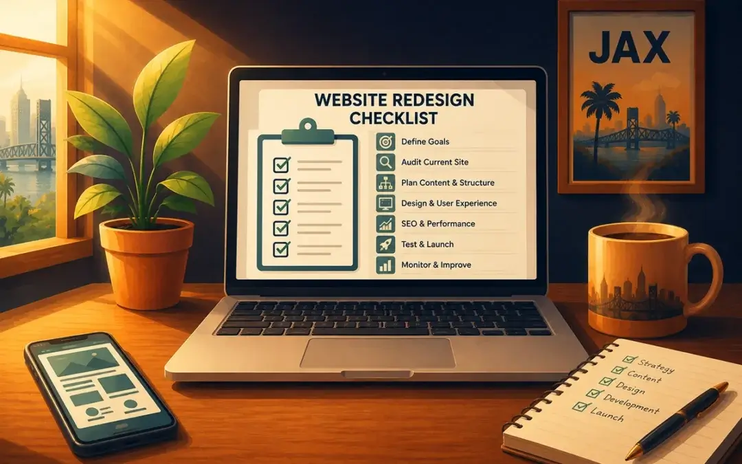 Illustration of a website redesign checklist open on a laptop sitting on a desk