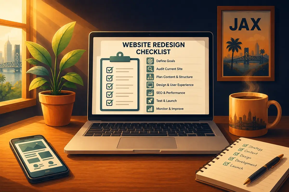 Illustration of a website redesign checklist open on a laptop sitting on a desk