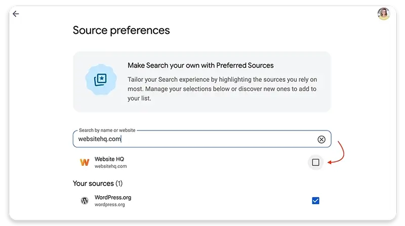 Screenshot of the Google Source Preference screen where you can search for a website and add it to your preferred sources.