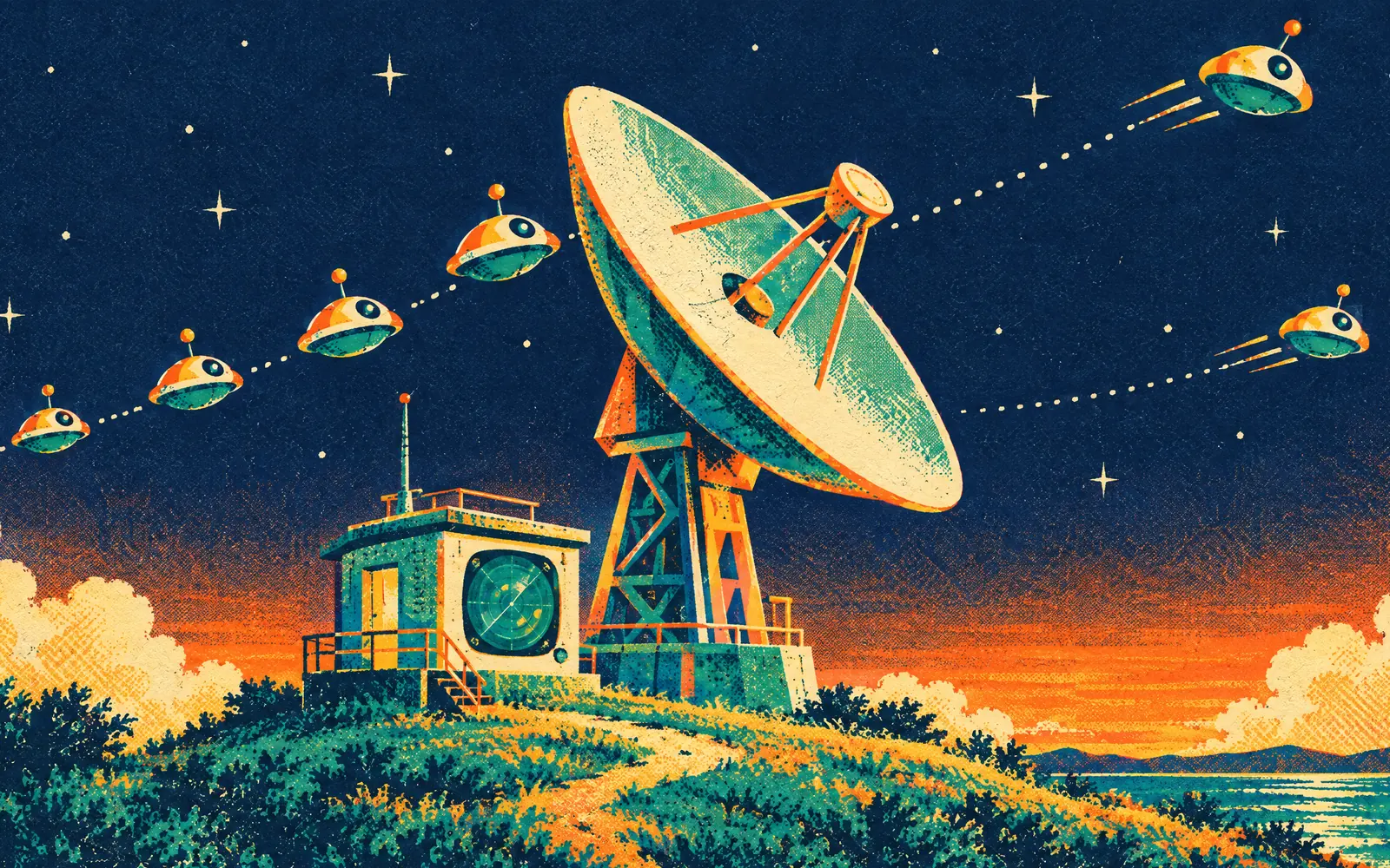 Retro poster illustration of a radar dish on a hill tracking a line of small robot flying saucers at dusk