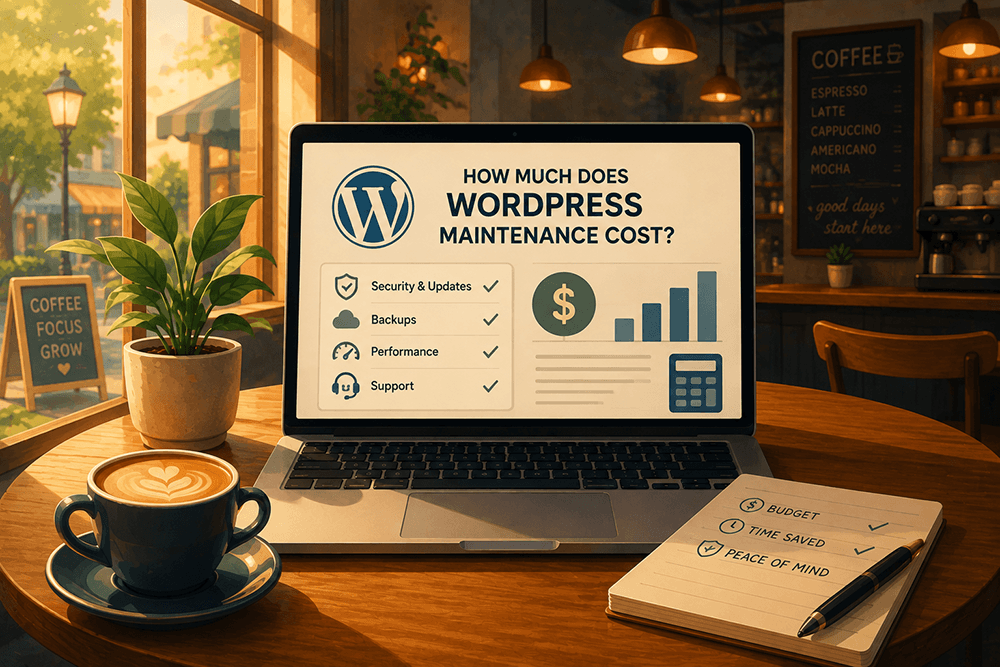 Illustration of a laptop I opened at a table in a cafe, showing a comparison of WordPress maintenance costs on the screen