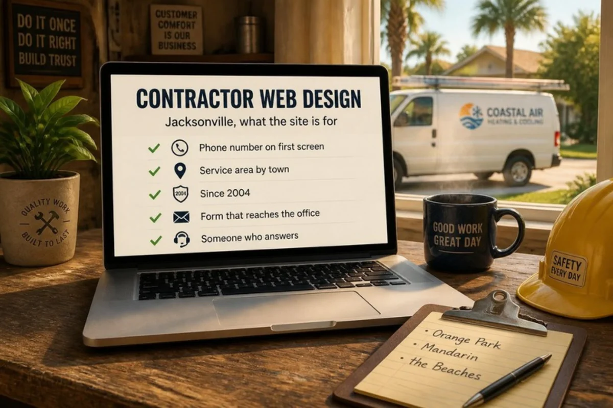 Illustration of a laptop on a contractor workbench showing a website checklist for trade businesses, with a hard hat, a clipboard and a service van outside the window