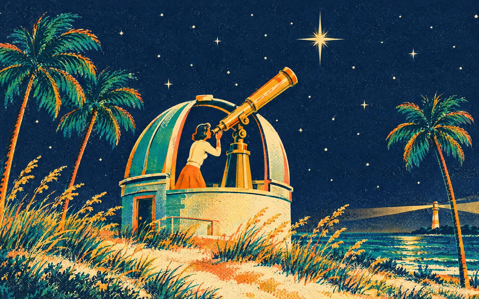 Retro poster illustration of a woman at an observatory telescope on a Florida dune, aimed at one bright star