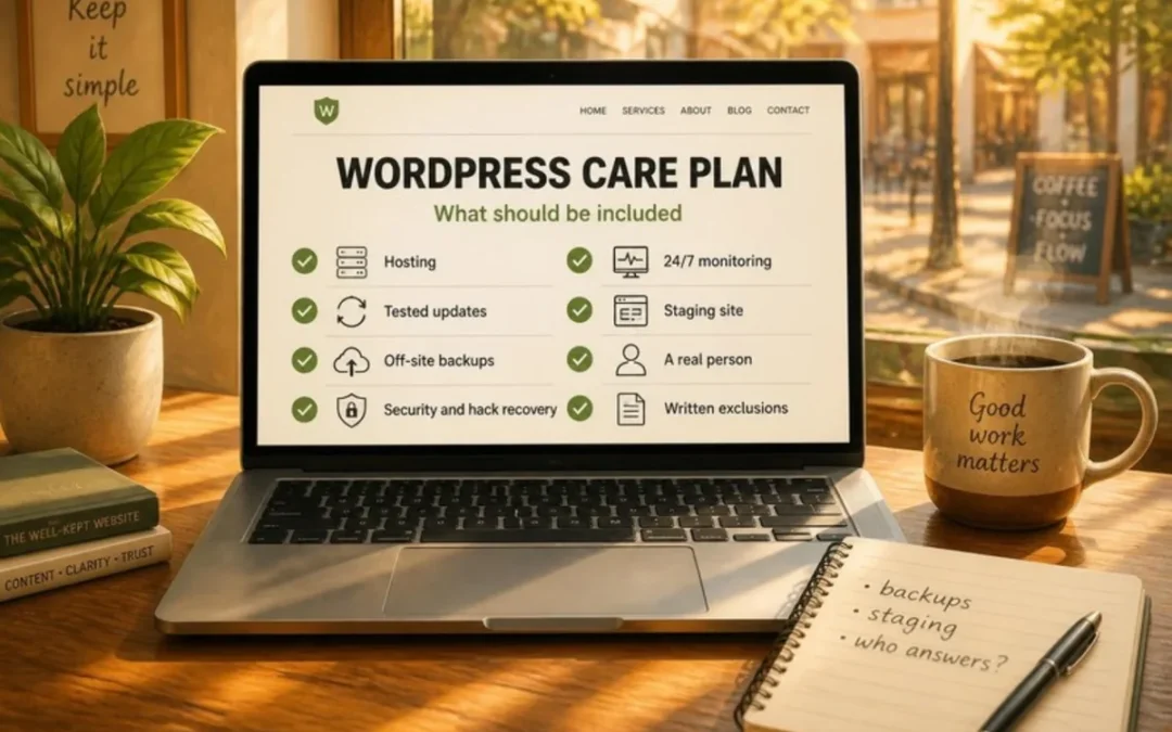Illustration of a laptop on a sunlit desk showing a WordPress care plan checklist with eight items, next to a plant, a coffee mug and a notebook
