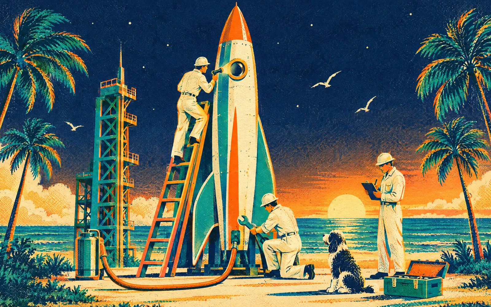 Retro poster illustration of a ground crew servicing a rocket on a Florida launch pad while a sheepadoodle watches