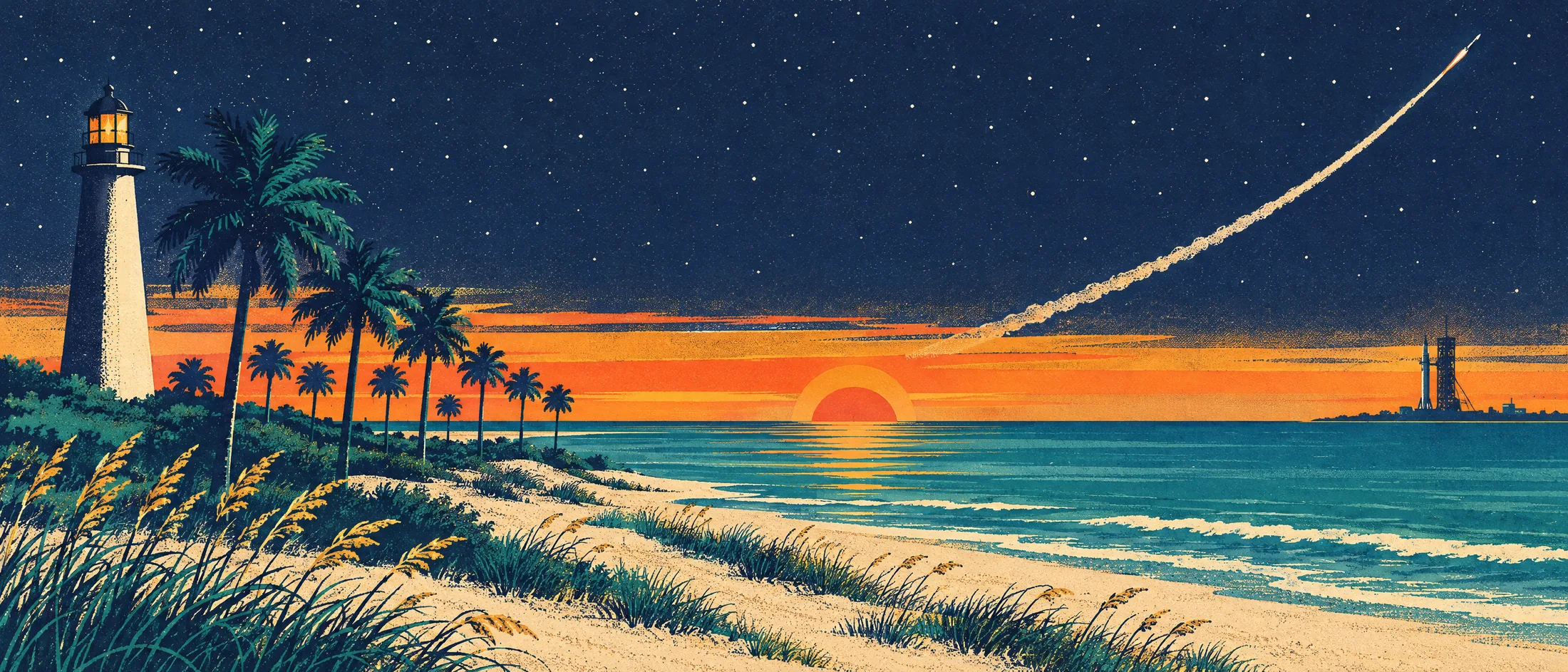 Florida coast at dusk with a lighthouse, palm trees and a rocket contrail arcing across the stars