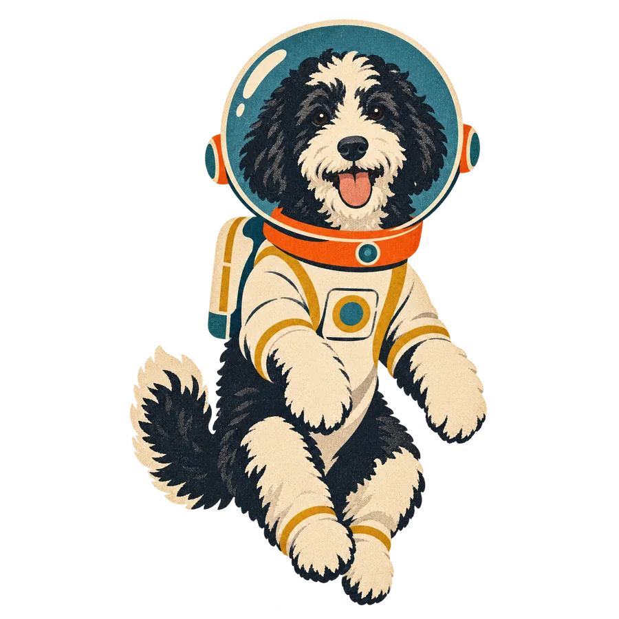 Molly the sheepadoodle floating in a retro astronaut helmet and suit