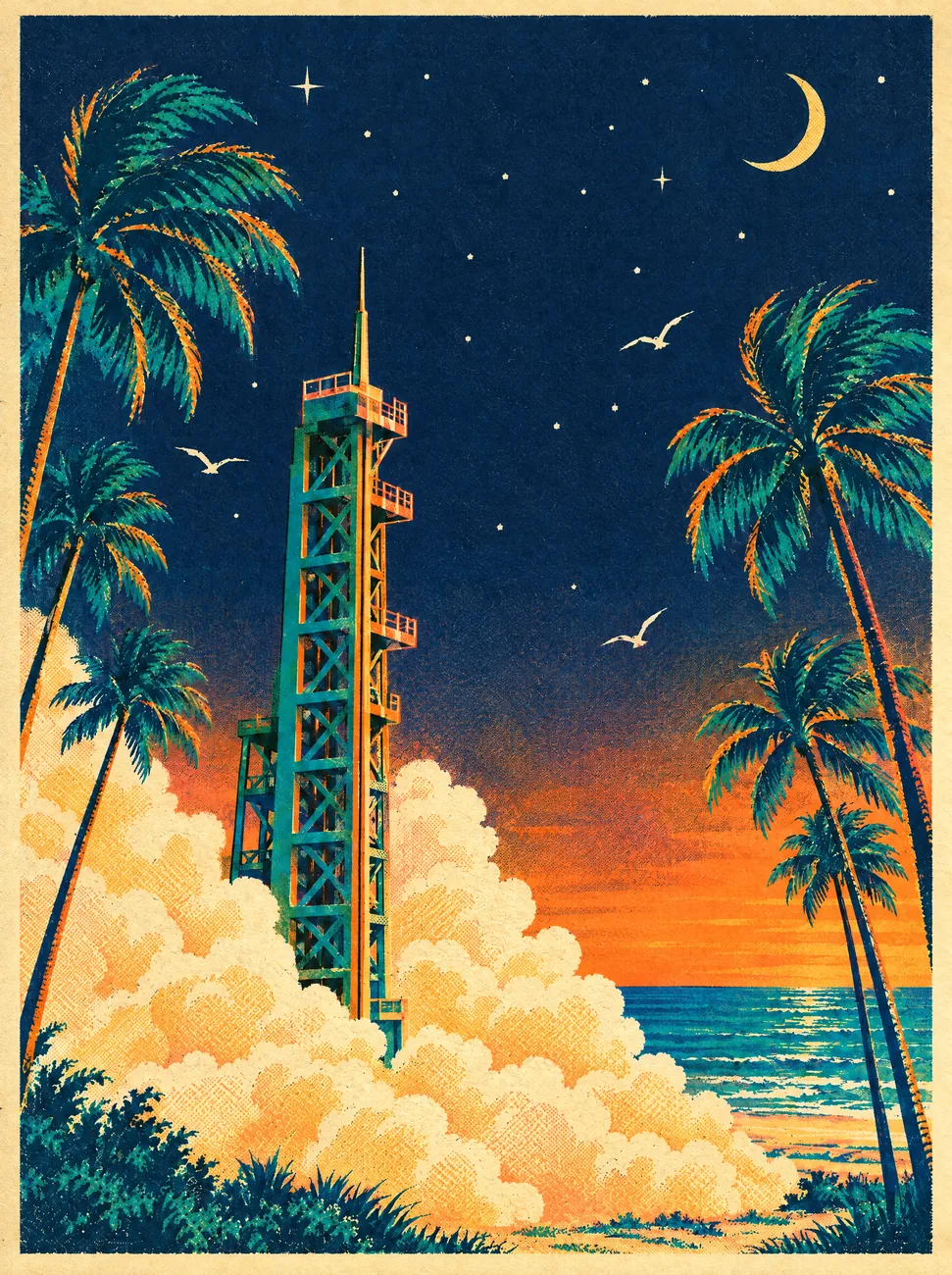 Retro screenprint poster of a rocket launch pad on a Florida beach between palm trees