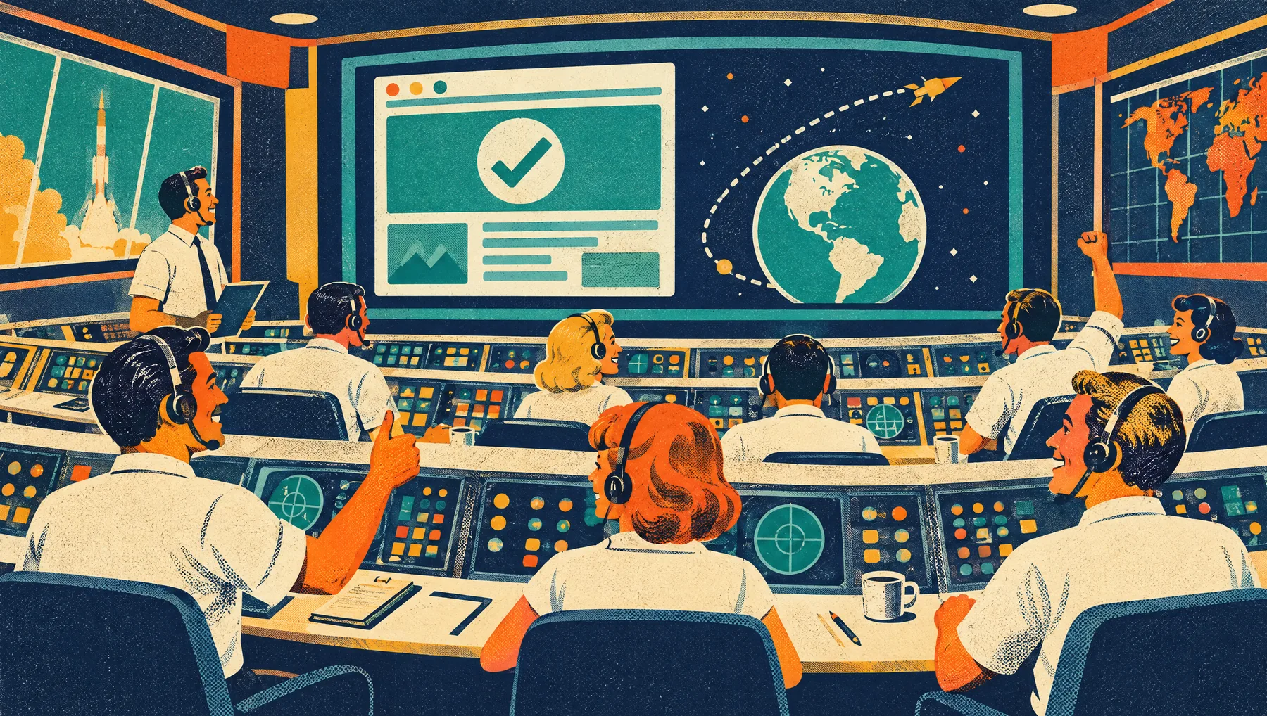 Illustration of a cheerful retro mission control room, flight controllers at consoles watching a wall screen with a website and a green check mark