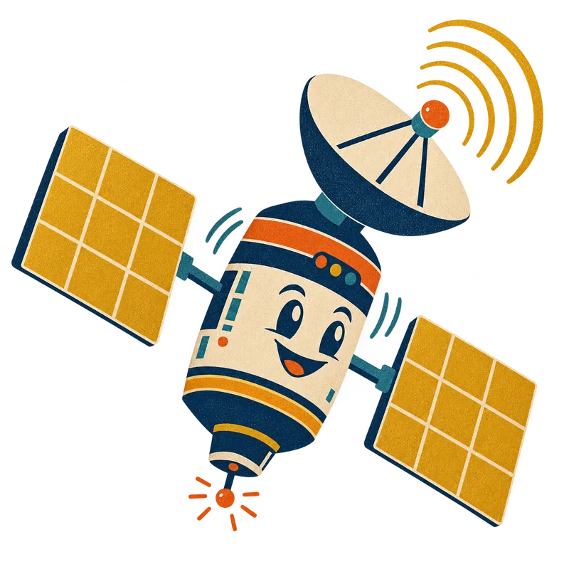A smiling retro satellite sending out signal rings
