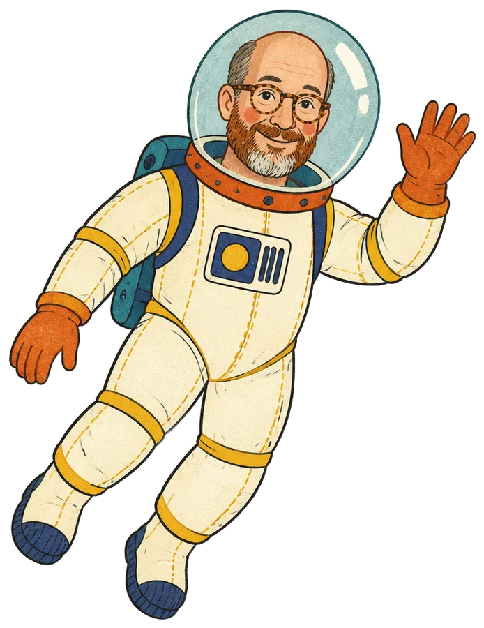 Scott Sumner drawn as an astronaut in a retro space suit, waving