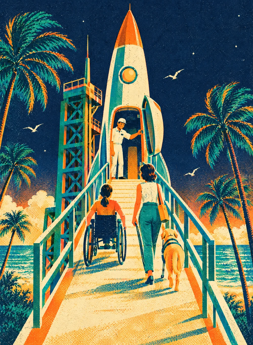 Retro screenprint poster of a rocket on a Florida launch pad at dusk. A wide ramp with handrails runs up to the open hatch, where a crew member holds the door. A traveler in a wheelchair and a woman with a cane and a guide dog head up the ramp.