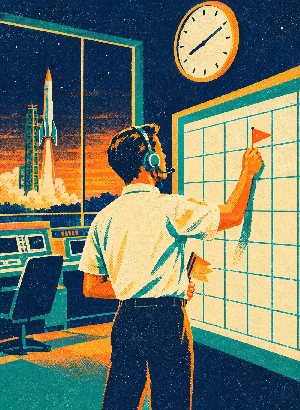 Illustration of a flight controller in a headset pinning a red flag on a giant wall calendar under a clock, while a rocket lifts off outside the window