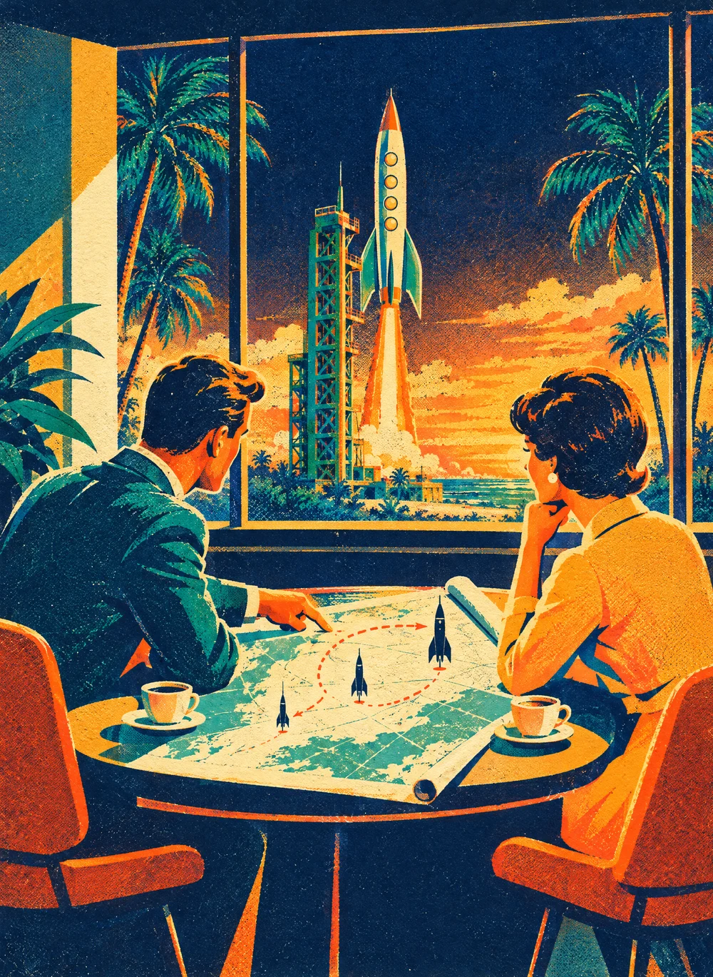 Screenprint poster of two people at a round table planning a route over a mission map with three small rockets, coffee cups beside them, while a rocket lifts off from the launch tower outside the window