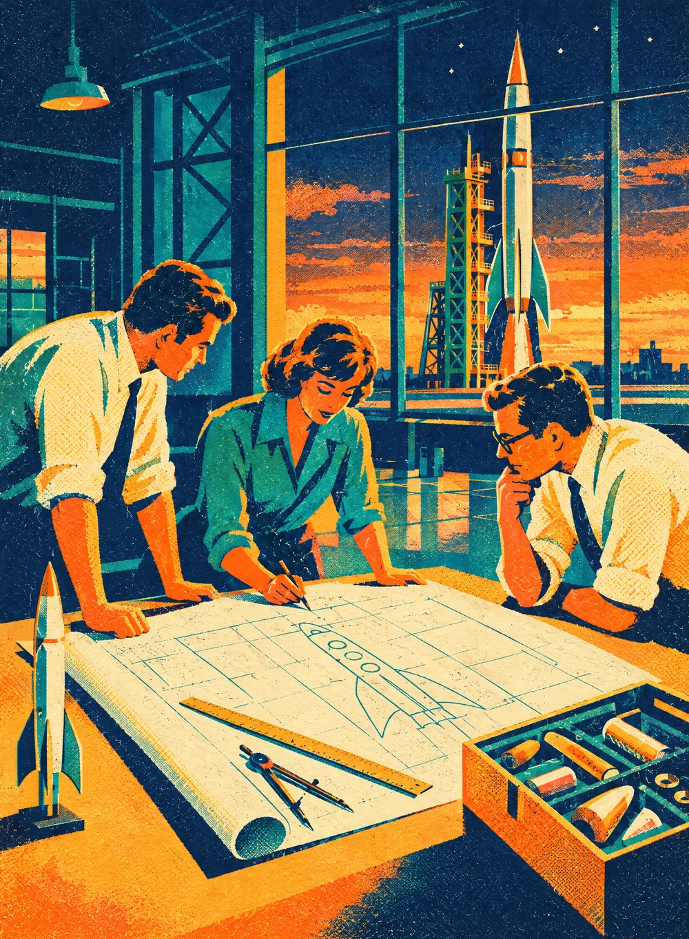 Screenprint poster of three engineers leaning over a rocket blueprint on a drafting table, a model rocket kit open beside them and a rocket on the launch tower outside the window at sunset