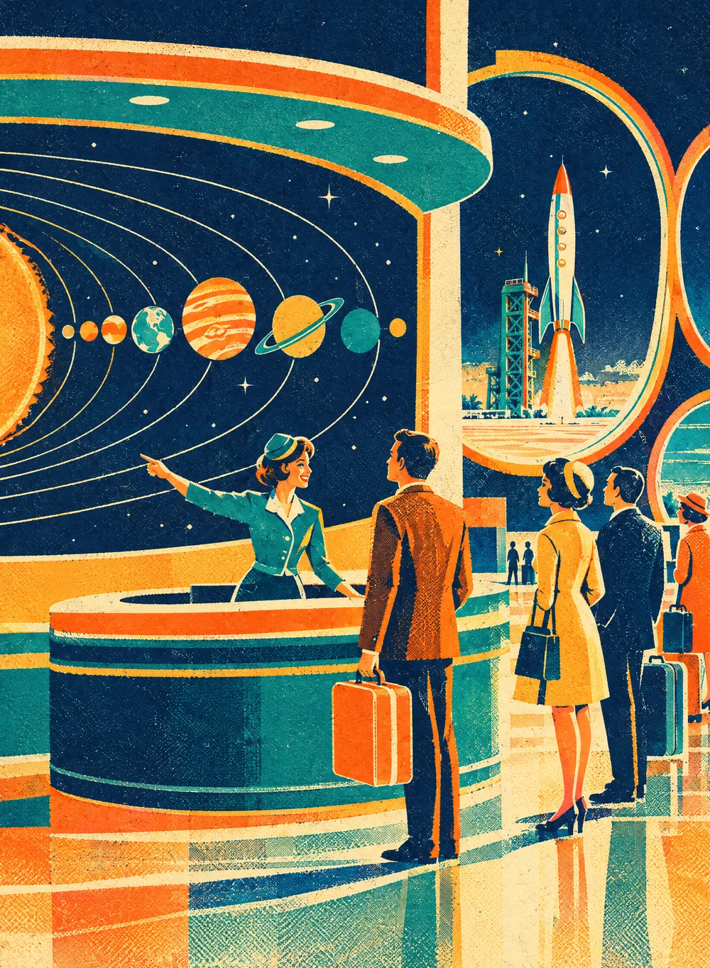 Illustration of a spaceport information desk: an attendant points a traveler toward a glowing map of the planets while others wait with their suitcases and a rocket stands on the pad outside
