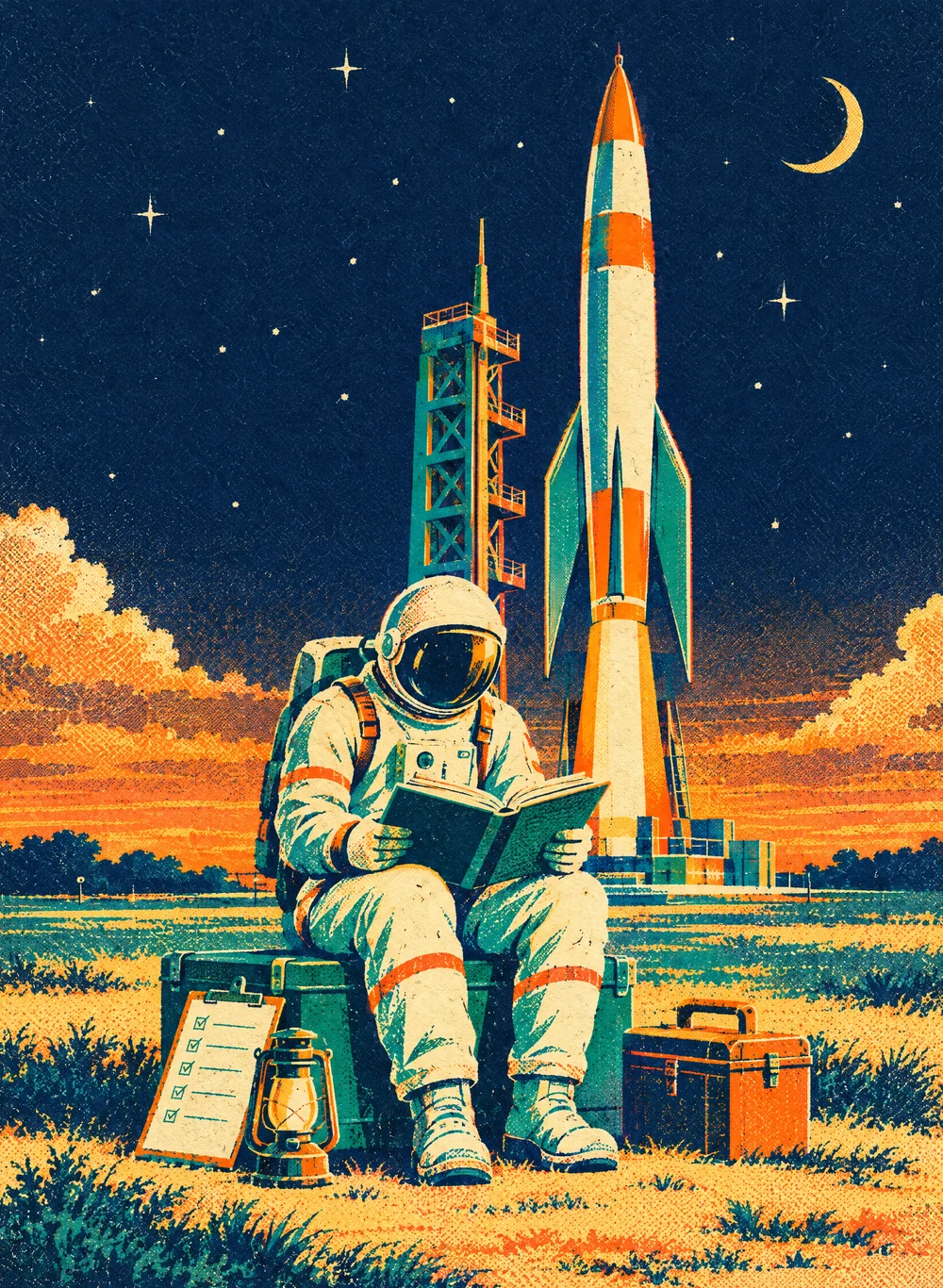 Illustration of an astronaut at dusk, sitting on a supply crate at the foot of the launch pad and reading a field manual, with a checklist clipboard, a lantern and a toolbox nearby and a rocket on its tower behind