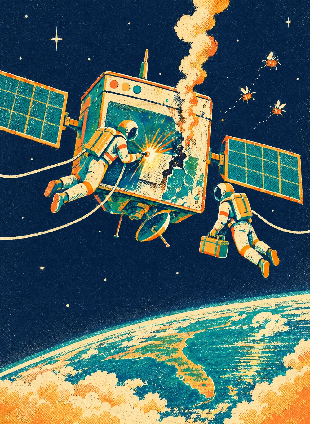 Retro screenprint poster of two tethered astronauts above Florida repairing a dented satellite shaped like a browser window: one welds a smoking crack with a torch, the other floats over with a toolbox, while three bugs fly off into space