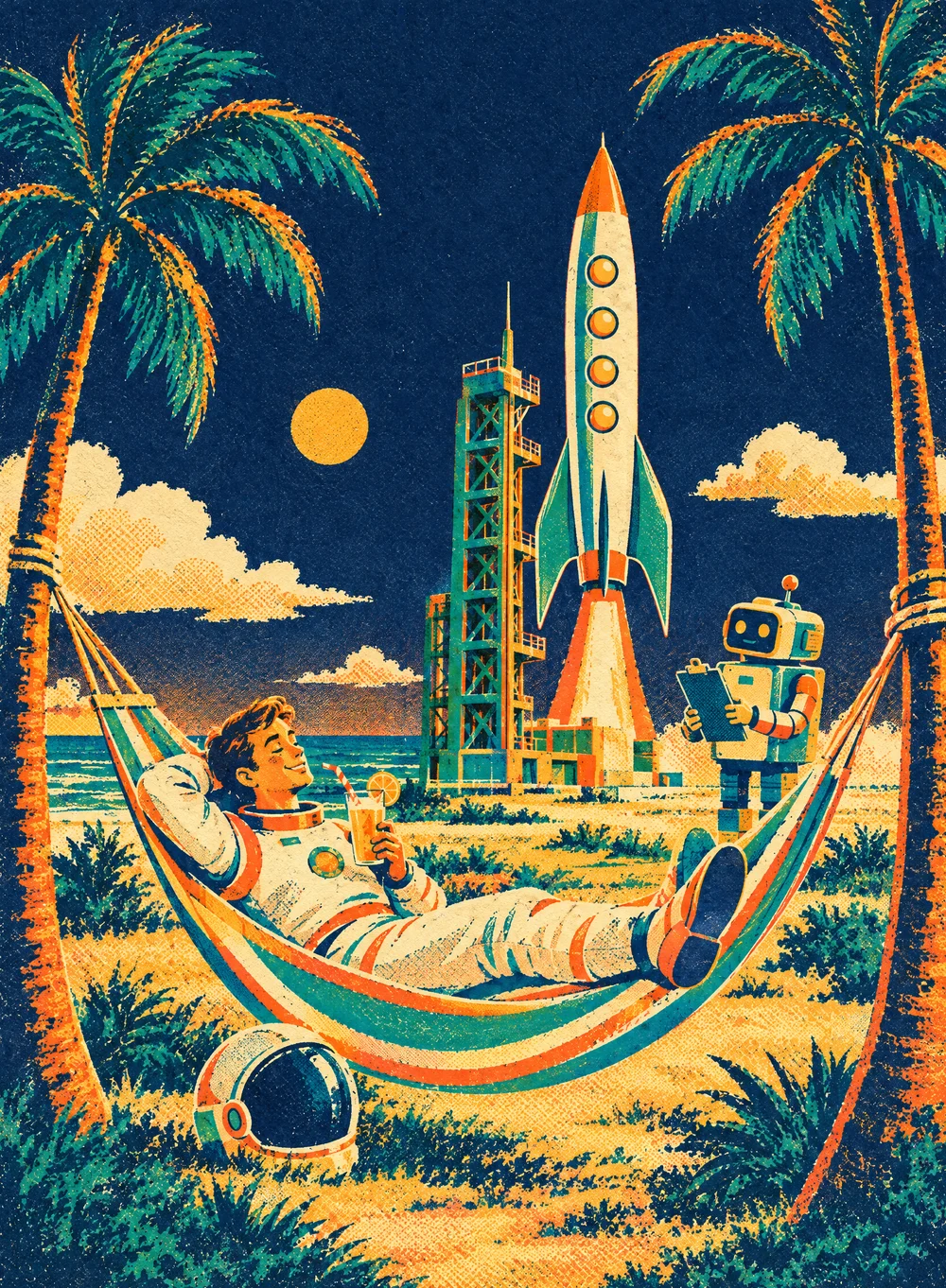 Illustration of an astronaut relaxing in a hammock between two palm trees while a robot works through a checklist beside the launch tower