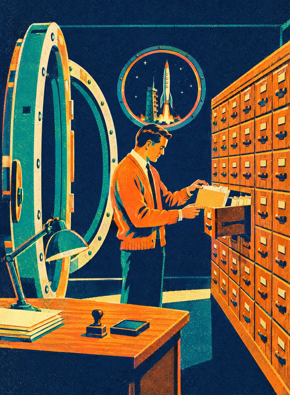 Illustration of the records room at mission control: a clerk in an orange cardigan files a folder into a wall of wooden card drawers beside an open vault door, with a rubber stamp and ink pad on the desk and a rocket on the launch pad through the porthole