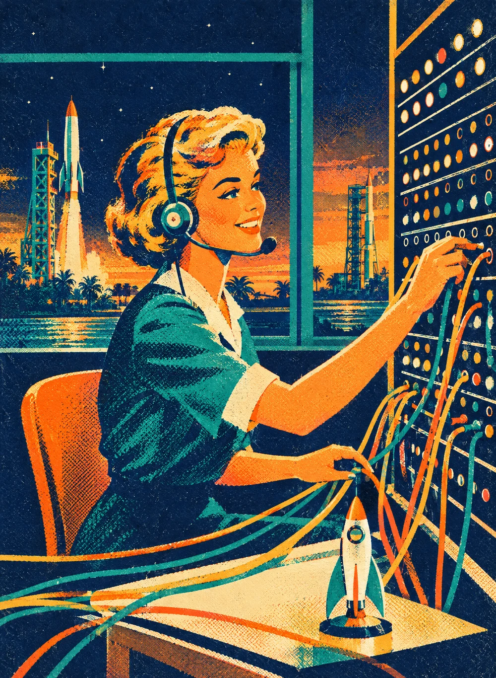 Illustration of a smiling switchboard operator in a headset patching colored cables into a wall of jacks, rockets on their launch towers outside the window at dusk and a small rocket model on her desk