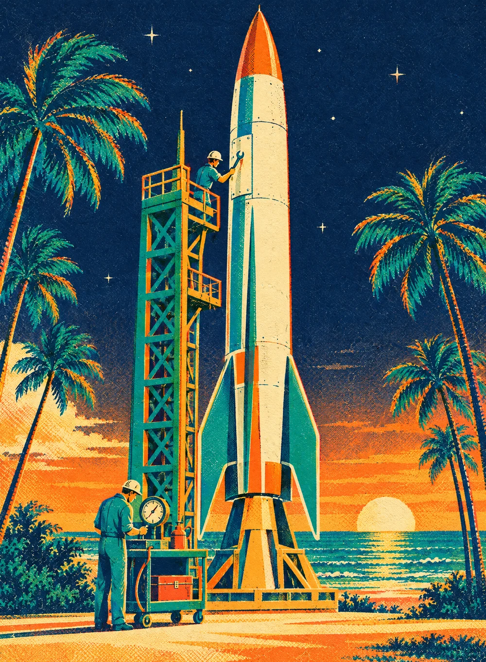 Screenprint poster of a white and orange rocket on a palm-lined Florida launch pad at sunrise, one crew member up on the gantry tightening a panel with a wrench, another below checking a pressure gauge on a tool cart