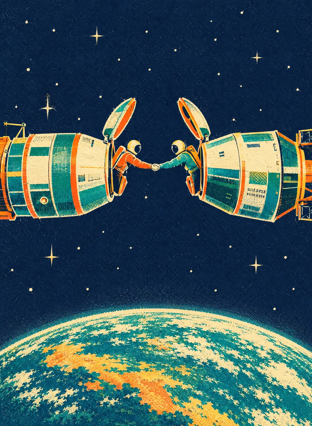 Screenprint-style poster of two spacecraft docking in orbit above the Earth, their hatches swung open while an astronaut in orange and an astronaut in teal shake hands across the gap