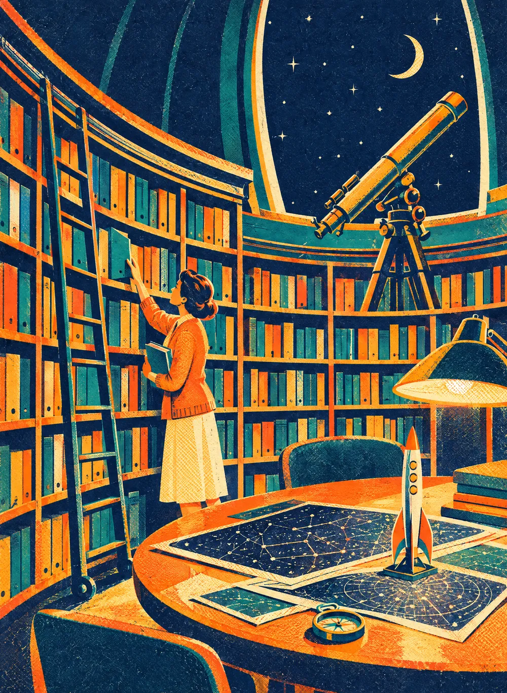 Illustration of a domed library at night: a woman pulls a manual from tall shelves while star charts, a compass and a model rocket wait on the reading table under a telescope