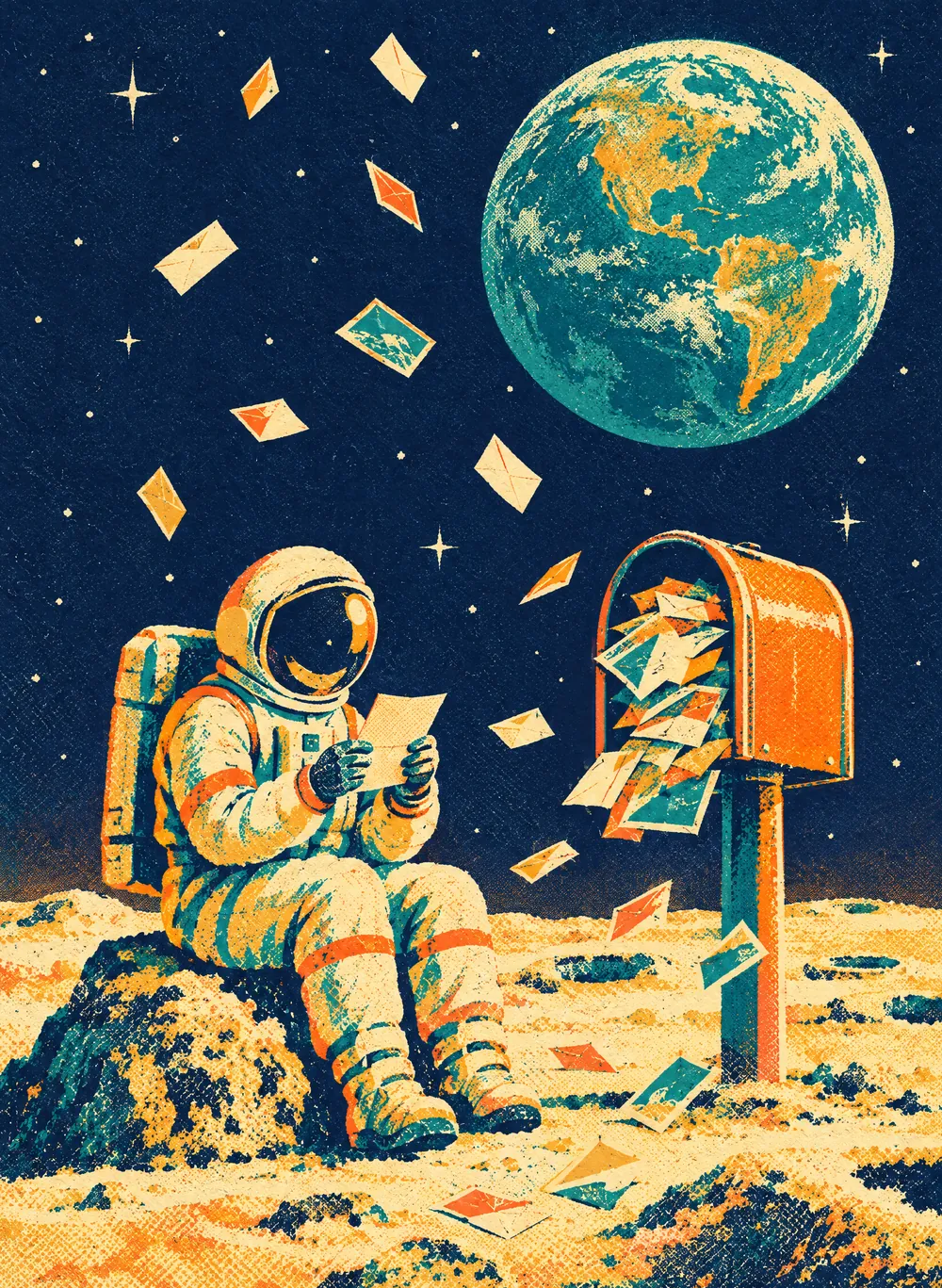 Illustration of an astronaut sitting on a moon rock reading a letter beside an overflowing orange mailbox, with Earth in the sky and envelopes drifting past
