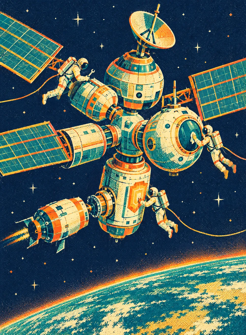 Retro screenprint poster of a space station above the Earth, with astronauts tethered to its modules: one tightening a bolt with a wrench, one polishing a round window, one working beside a shield emblem