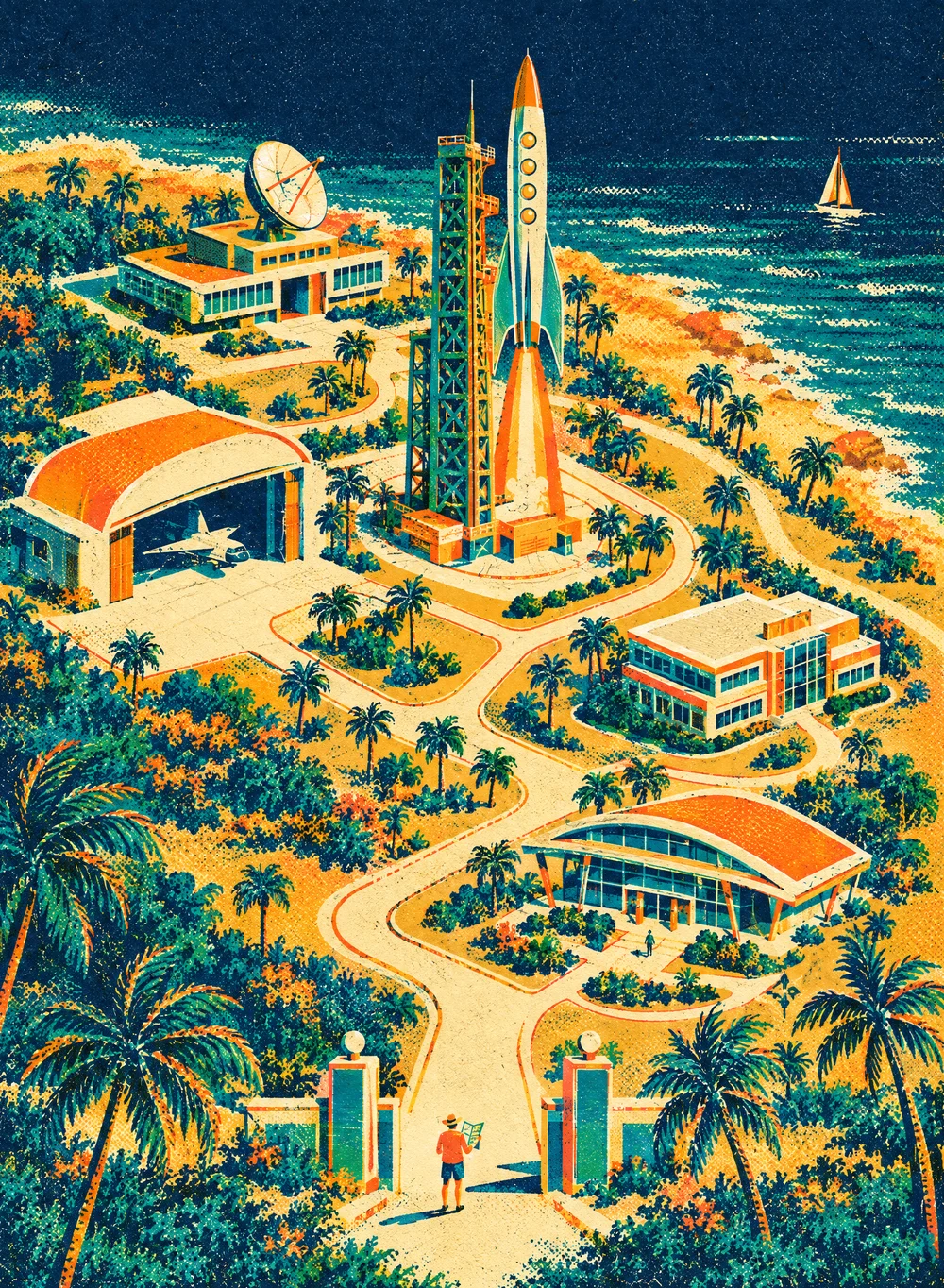 Illustrated map of a seaside spaceport campus: a rocket on its launch tower, a hangar, a dish on the mission control building, winding paths between palm trees, and a visitor at the front gate reading a map