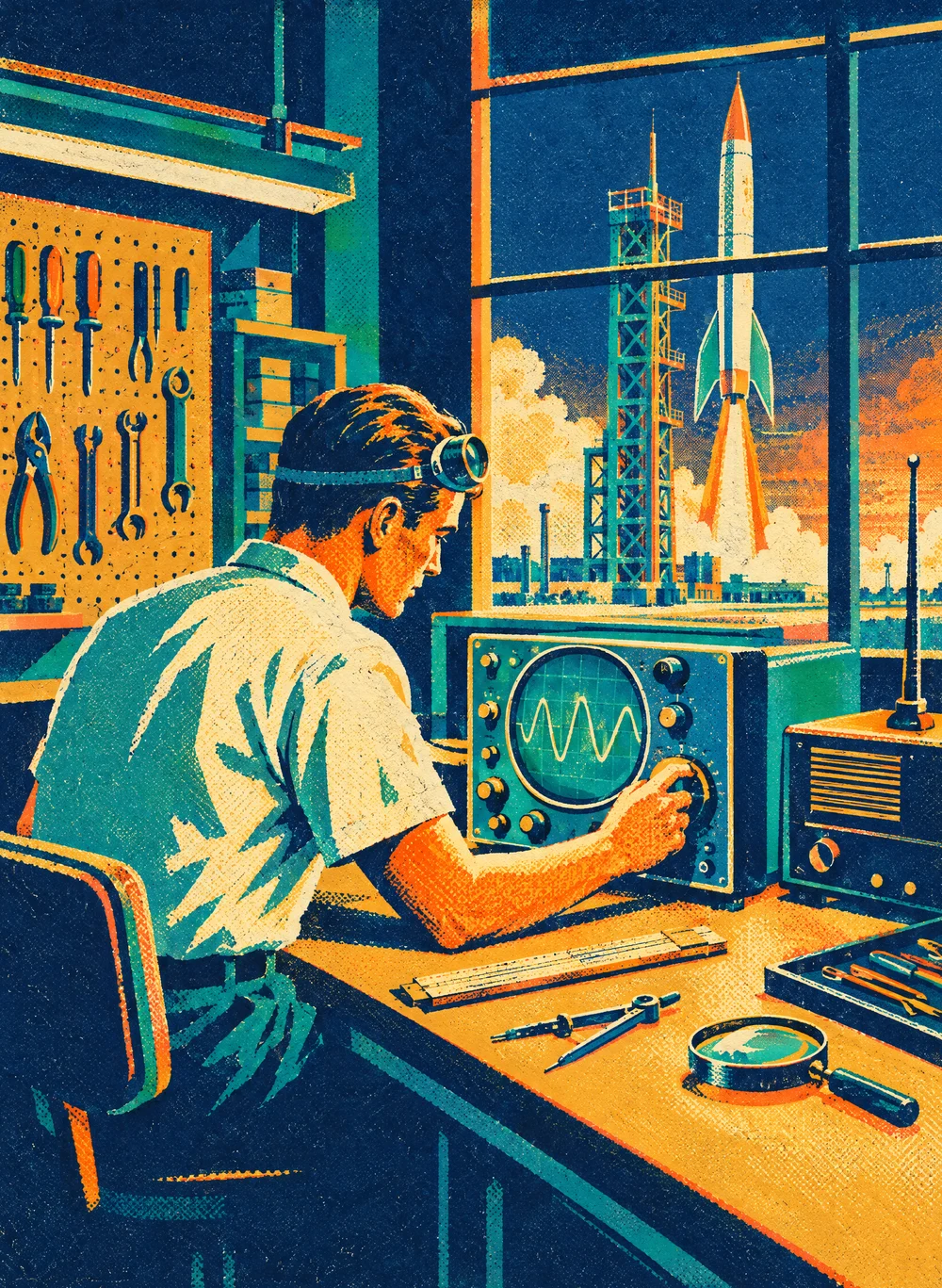 Illustration of a technician at a workbench turning a dial on an oscilloscope, tools on a pegboard behind him and a rocket lifting off its launch tower outside the window