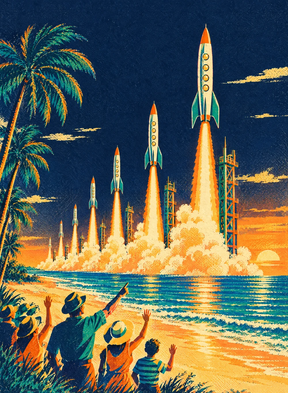 Illustration of a row of identical rockets lifting off one after another along a palm-lined beach at sunset, while a family on the sand waves and points