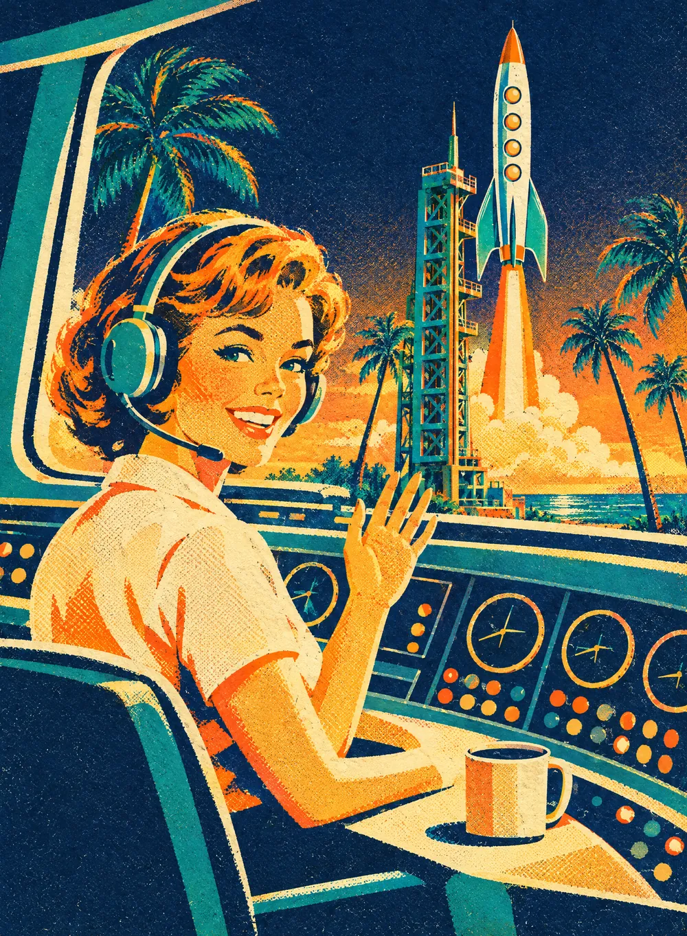 Illustration of a smiling flight controller in a headset, waving from her console while a rocket lifts off past the window